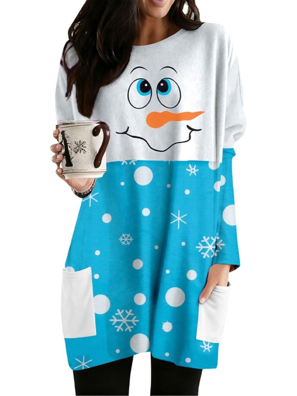 Women's White Blue Christmas Long Sleeve Tops Santa Printed Pockets Shirt Dress